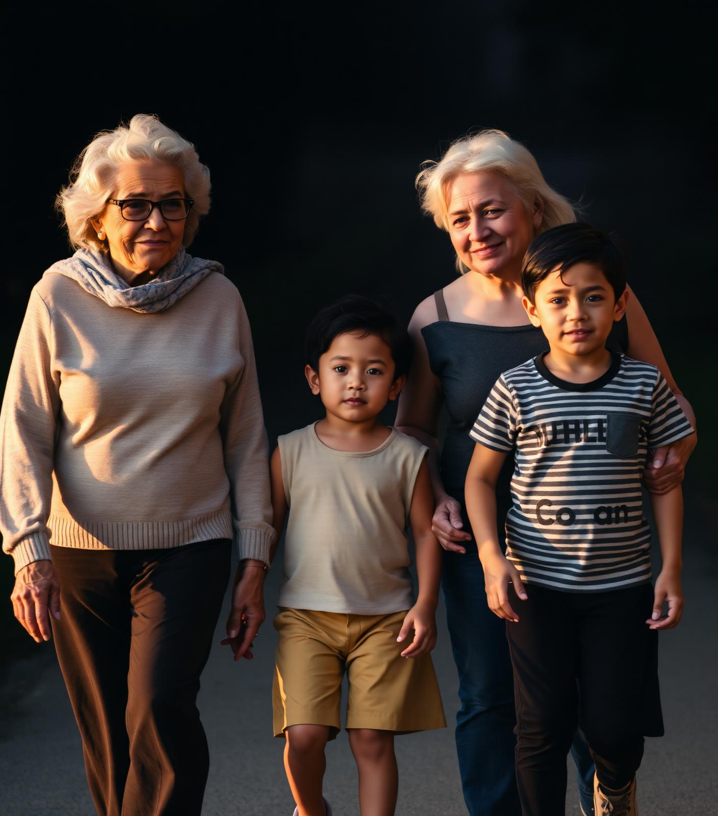Multi-generational Latino family walking together in warm golden hour light