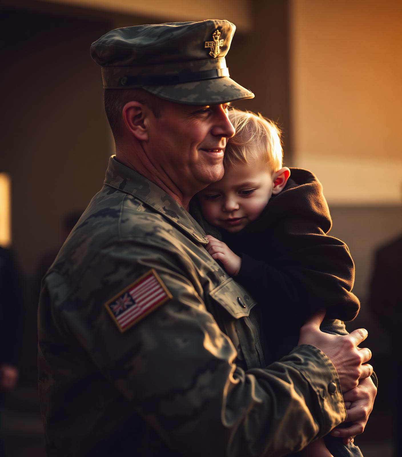 US military service member embracing their child at homecoming