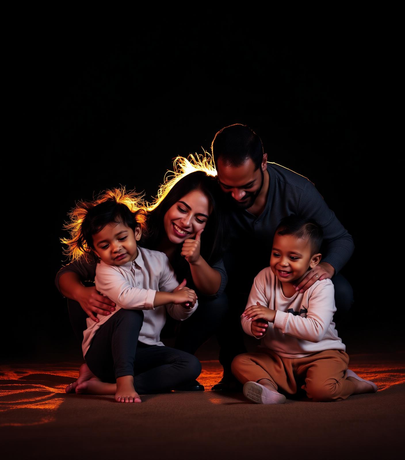 Multiracial family with young children in warm editorial light