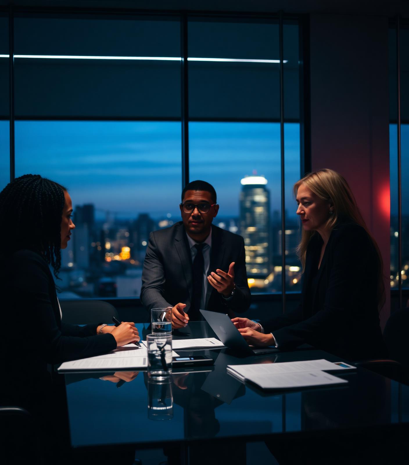 Diverse group of professionals collaborating in a modern office at dusk