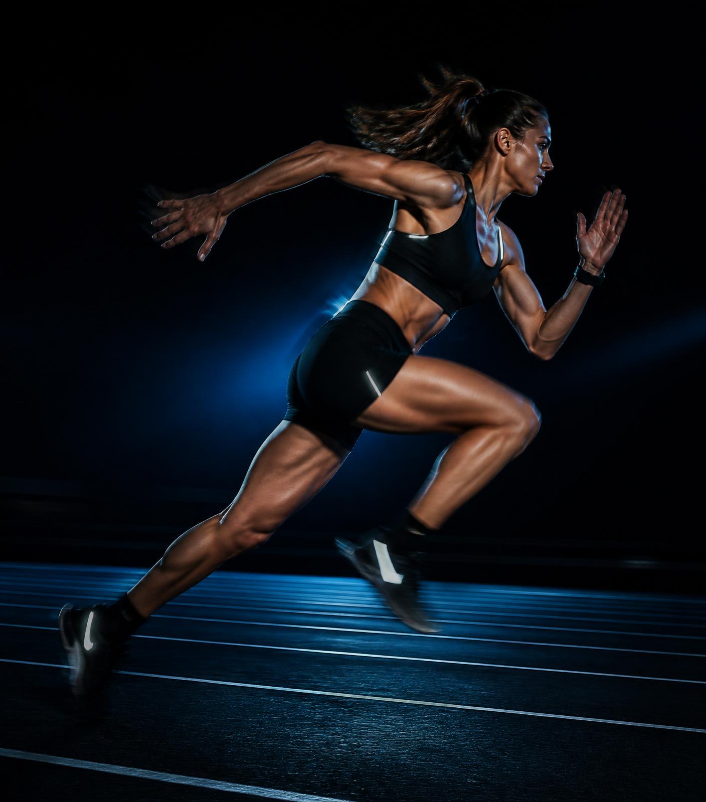 Athlete sprinting with dramatic side lighting
