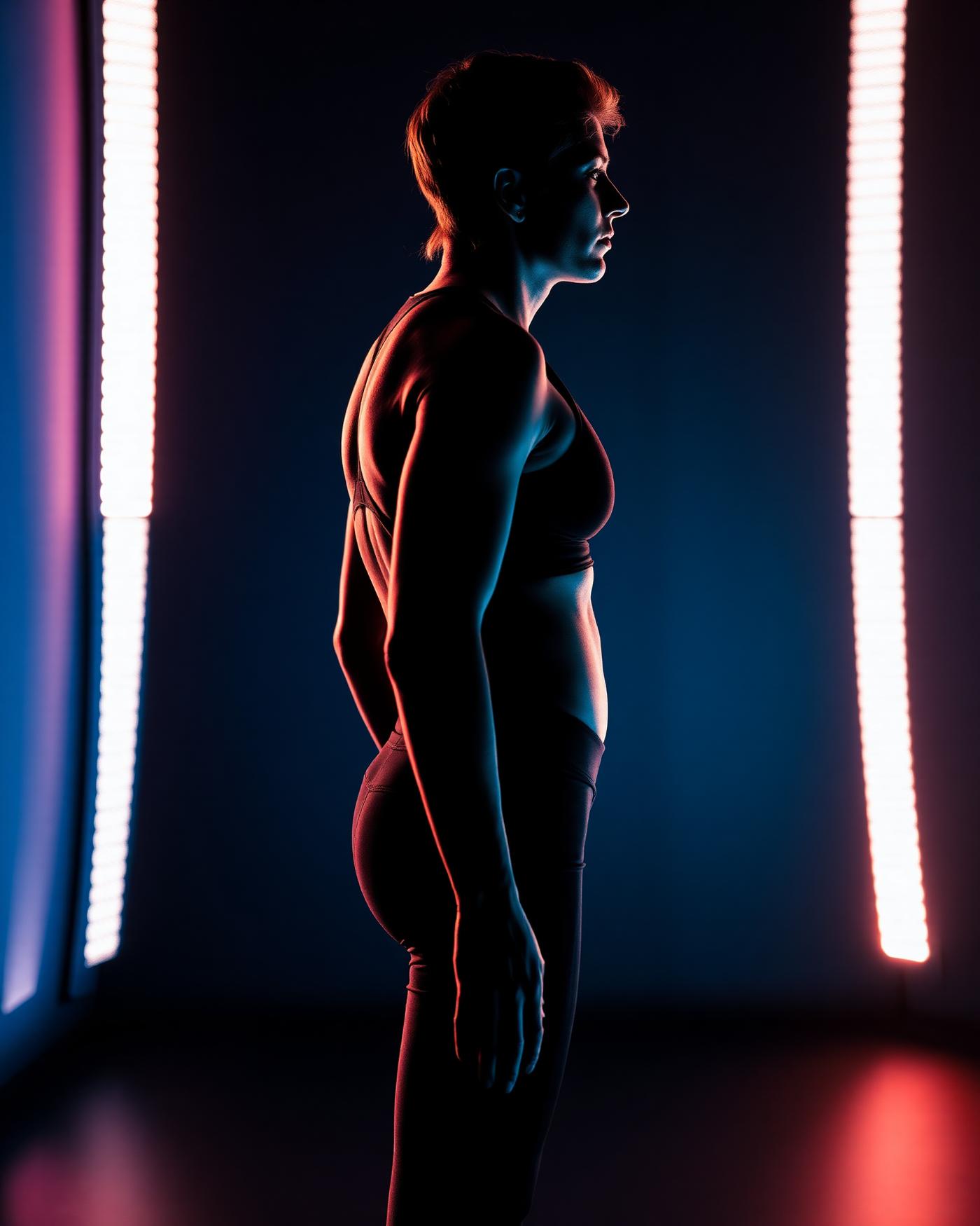 Silhouette of a person standing tall in dramatic studio lighting