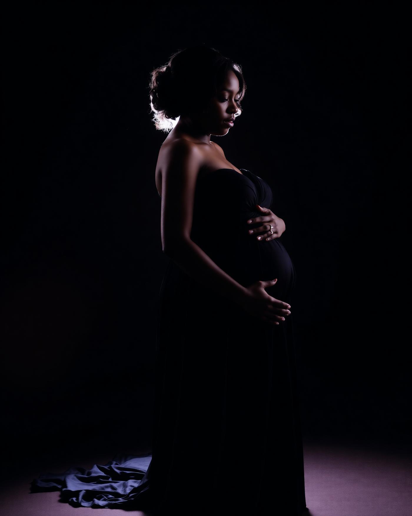 Elegant portrait of a pregnant mother in soft dark light