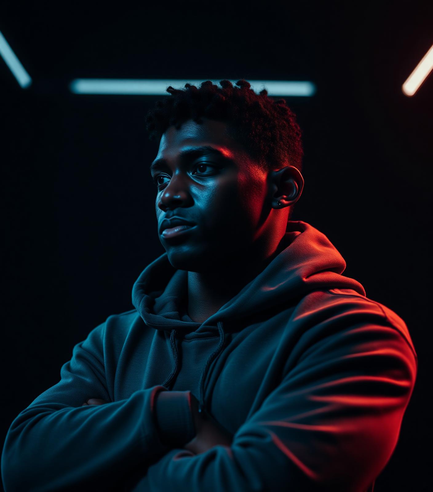 Editorial portrait of a young athlete in dramatic side lighting